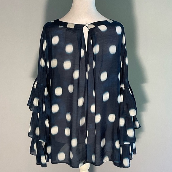 Chico's Size 2 Sheer Navy/Big White Polka Dots, Multi-Tiered Gathered Sleeves - Picture 14 of 16